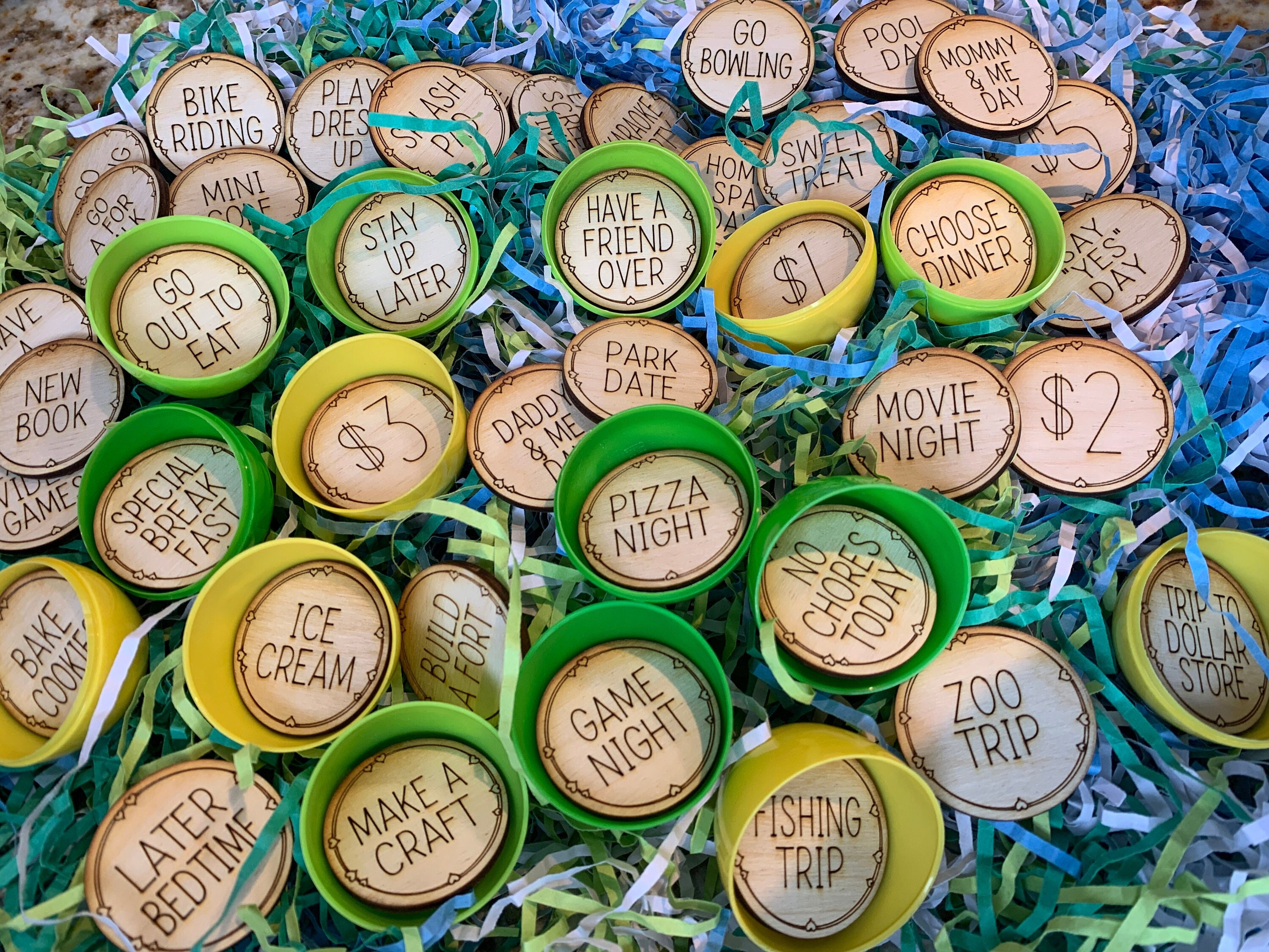 Easter Basket Egg Tokens Set of 42 | Easter Basket Stuffers | Wooden Easter Reward Coins | Egg Hunt Prizes and Rewards for Children