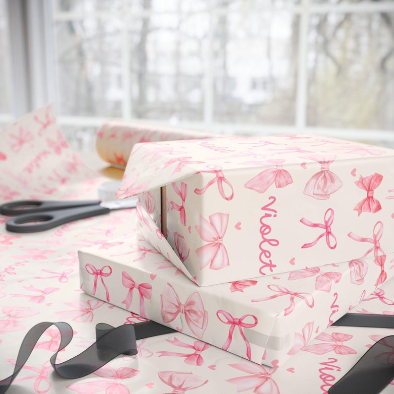 Custom Wrapping Paper with Name Girly Gift Wrap Coquette Birthday Gift Wrap Personalized Pink Bows Wrapping Paper Girly Birthday Supplies image 4