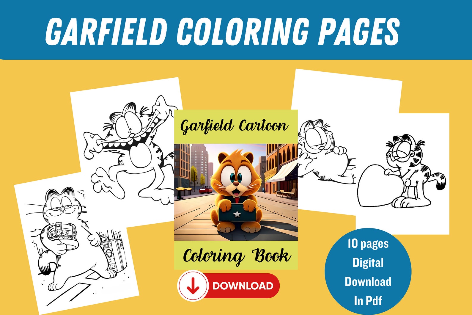 Garfield Coloring Book Printable Kids Activity Funny Cat Comics Instant ...