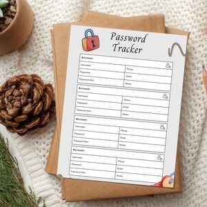 May include: A Password Tracker sheet with a gray border, featuring sections for account details, username, password, and notes. The top has a cartoon lock illustration and the words "Password Tracker". The sheet is on a brown paper background.