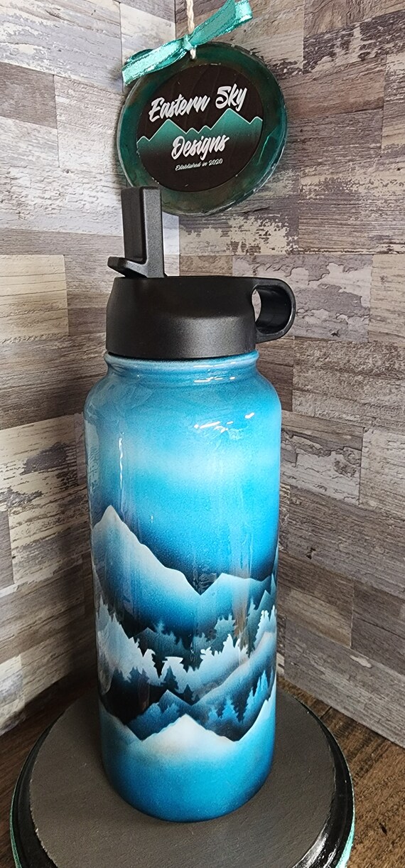 Airbrushed winter mountain scene water bottle