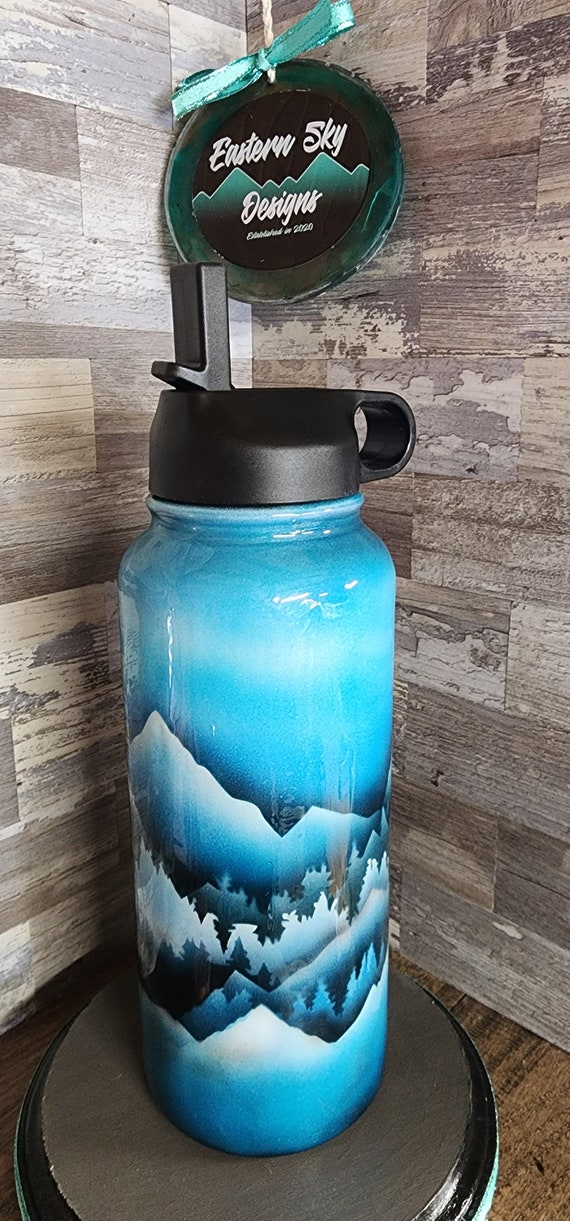 Airbrushed winter mountain scene water bottle