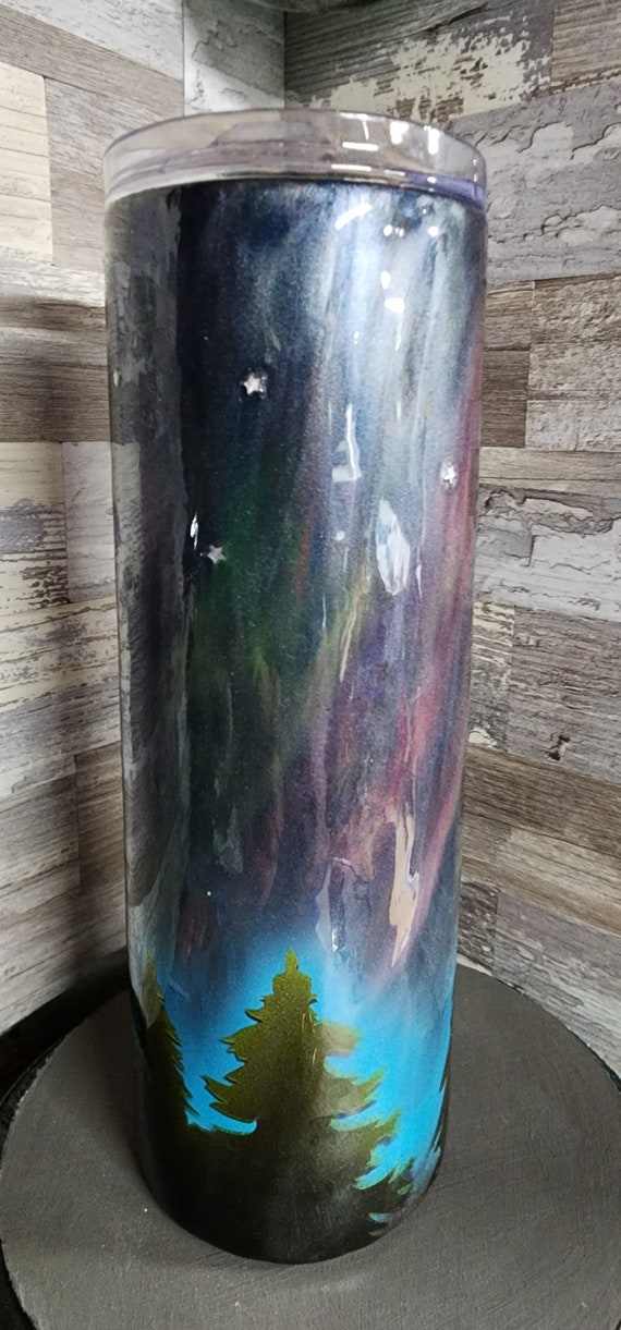 Glow in the dark northern lights tumbler custom made coffee cup stainless tumbler hand made art custom idea limited edition hand painted