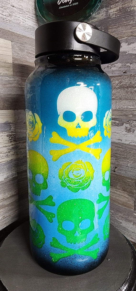 Skulls and roses peekaboo 32oz water bottle stainless custom made coffee cup hand made art custom idea limited edition hand painted