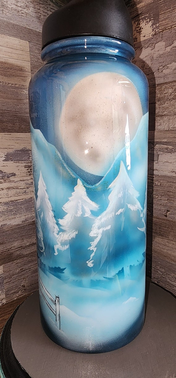 Custom stainless winter scene 32oz water bottle custom made coffee cup hand made art custom idea limited edition hand painted