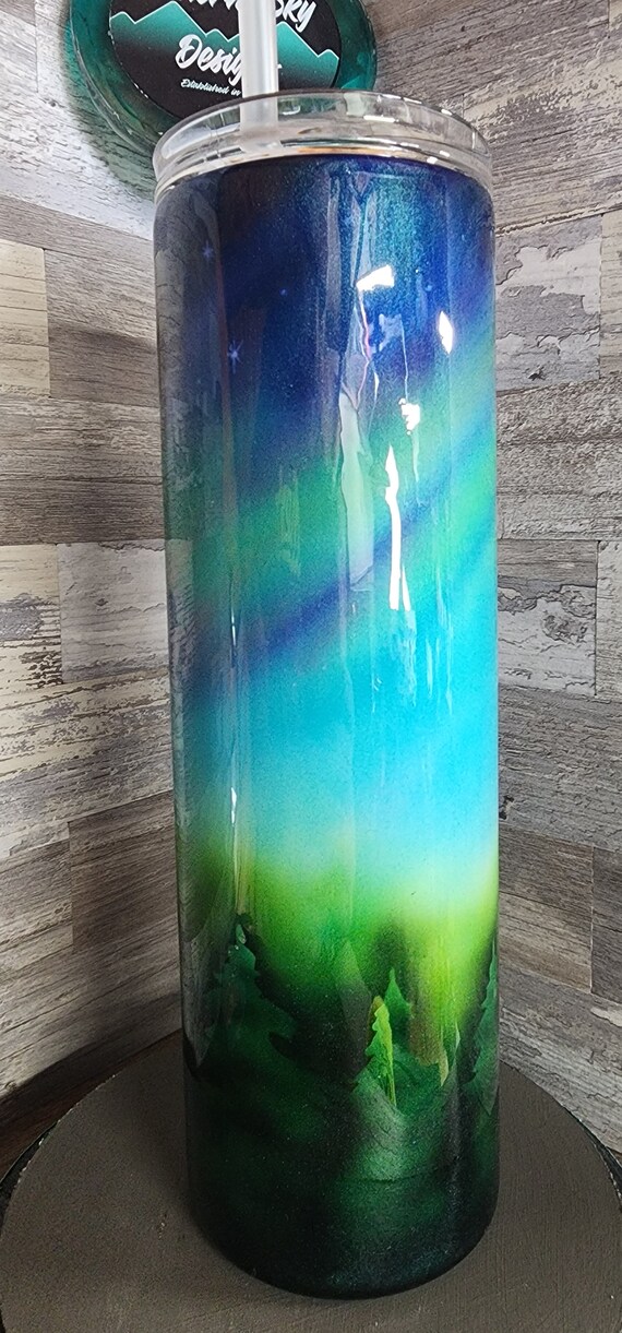 Northern lights airbrushed 30oz tumbler custom made coffee cup stainless tumbler hand made art custom idea limited edition hand painted