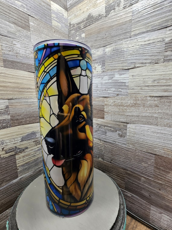 German Shepherd Stained Glass 20oz tumbler custom made coffee cup stainless tumbler