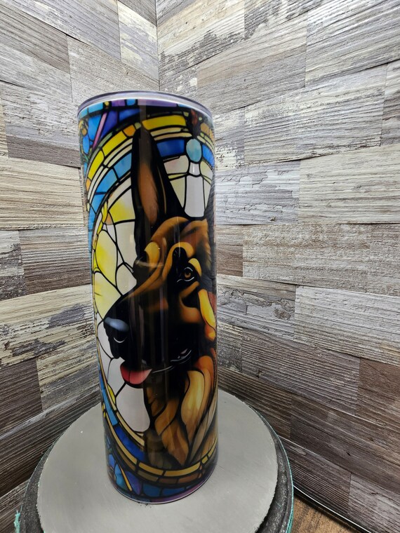 German Shepherd Stained Glass 20oz tumbler custom made coffee cup stainless tumbler