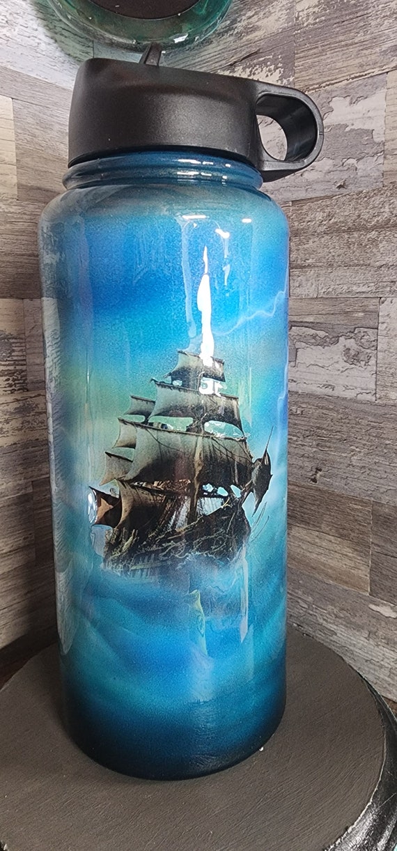 Custom airbrushed pirate ship water bottle custom made coffee cup stainless tumbler hand made art custom idea limited edition hand painted