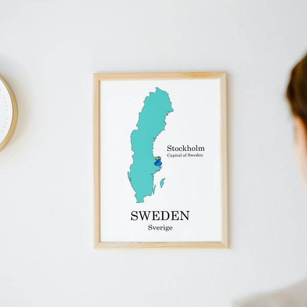 Sweden Digital Map | Sverige | Capital city | Stockholm | Swedish flag | Country Map | Wall Décor | Beautiful colored Swedish map