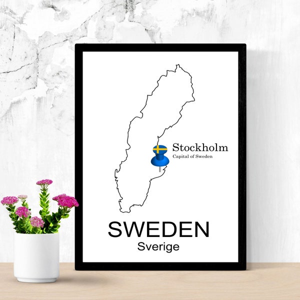 Sweden Digital Print Map | Sverige | Capital city | Stockholm | Pin with Swedish flag | Country Map | Wall Décor | Printable Map Art