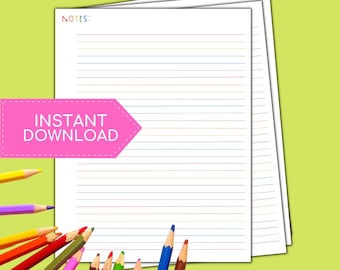 May include: A stack of white lined paper with the word "NOTES" at the top. The paper is surrounded by colored pencils.