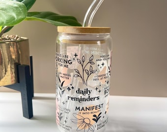 Daily Affirmations Glass Cup, Mental Health 16oz Glass Cup, Gifts for Her, Gift for Friend