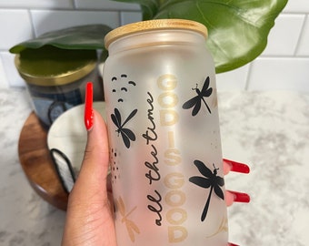 God is Good Christian Iced Coffee Cup, Christian Gift, Glass Tumbler, Glass Beer Can with Lid and Straw