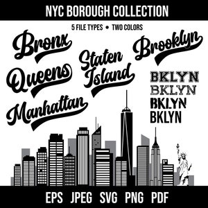 NYC Borough Digital Download Collection, Bronx, Brooklyn, Manhattan, Staten Island, Queens, svg, png, jpeg, pdf, eps