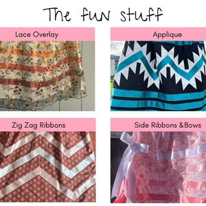 May include: Image displaying four fabric design elements: Lace Overlay, Applique, Zig Zag Ribbons, and Side Ribbons & Bows. The text "The fun stuff" is written at the top. Each section features a different fabric design with various colours and patterns.