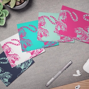 Tiger Grußkarten | 5 Design Multi-Pack | Designer Style Briefpapier | Rosa und Blau einzigartige Karten | Innen leer für jeden Anlass