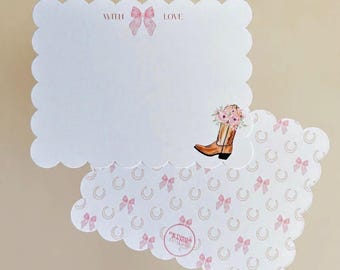 Cowgirl Boot Notecards: Pink Flowers, Bow - Stationery Set with Kraft Envelopes