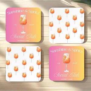 May include: Four square coasters with rounded corners. Two coasters feature a watercolor illustration of an Aperol Spritz cocktail with the text "Sunshine & Spritz" and "Social Club". The other two coasters have a pattern of orange watercolor popsicles.