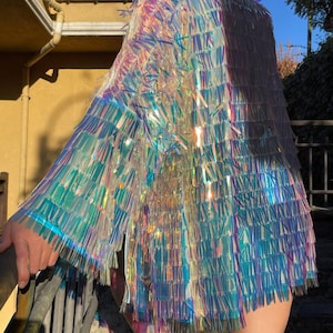 Unisex Iridescent Sword Sequin Kimono Holographic Rave Festival Outfit Sparkle Disco Jacket Shiny Tinsel Dance Costume Burning Man Outfit