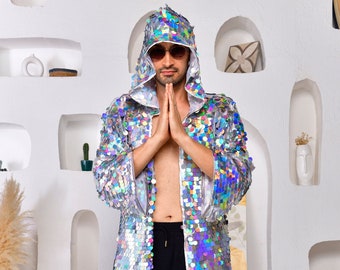 Unisex holographic round sequin kimono rave festival outfit iridescent sparkle jacket shiny rainbow jacket disco ball night club duster cape