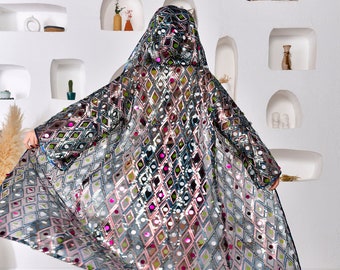 Bohemian Style Unisex Iridescent Sequin Jacket Ethnic Design Hoody Sequin Kimono Festival Party Rave Outfit Cardigan Robe Cape Caftan Duster