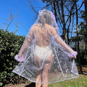 Lilac Hooded Beach Cover Up Bridal Party Sheer Swimsuit Kimono Sparkly Glitter Star Tulle Cape Festival Party Rave Cloak Outfit Mesh Bikini