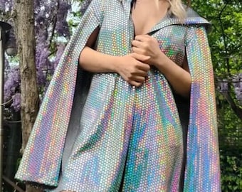 Unisex holographic sequin cape style rave outfit iridescent sparkle kimono festival shiny silver jacket disco ball night club party cape