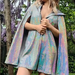 Unisex holographic sequin cape style rave outfit iridescent sparkle kimono festival shiny silver jacket disco ball night club party cape