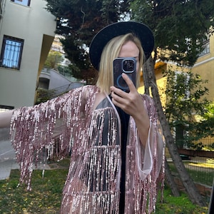 Women Tinsel Sequined Fringe Jacket Holographic Festival, Rave Outfit Iridescent Sparkle Tassel Rose Gold Jacket Street Fashion gift for her