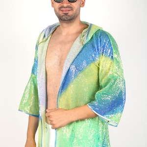 Unisex holographic sequin kimono rave outfit iridescent sparkle festival jacket blue green 90s style disco night club after party EDM jacket