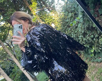 Unisex Iridescent Sword Sequin Kimono Holographic Rave Festival Outfit Sparkle Disco Jacket Shiny Tinsel Dance Costume Coachella Burningman