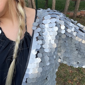 Woman Iridescent Sequin Sparkly Jacket, Tinsel Fringe Jacket Festival Party Rave Outfit Hologram Matte Silver Sequin Valentines day gift EDM