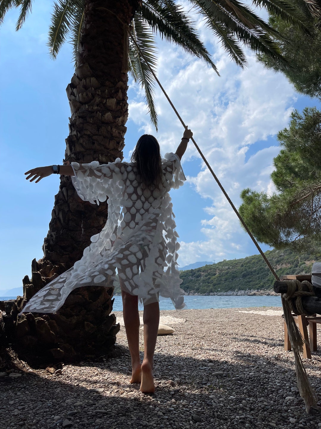 White Kimono With Tinsel Beaded Fringe Sheer Sparkle Cover up for