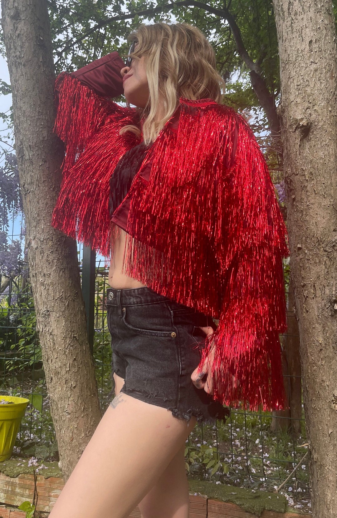 80s 1980s Bright Red Cropped Denim Jacket - Free Size XS/S/M