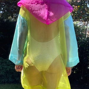 Women Rainbow Organza Kimono Pareo Transparent Hooded Beach Cover Up Holographic Beach Party & Festival Rave Outfits With Pocket Mesh Sheer