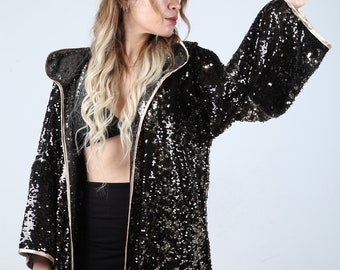 Unisex Holographic Black Gold Sequin Kimono Rave Festival Jacket Iridescent Sparkle Disco Outfit Two Sided Sequin Duster Hoody Party Costume