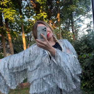Tinsel Fringe Jacket Sparkly Silver 70s 80s 90s Style Iridescent Festival Party Rave Outfit Carnival Dance Costume Holographic Glitzy Duster