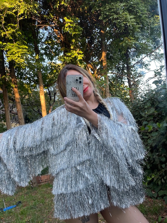 Tinsel Fringe Jacket Sparkly Silver 70s 80s 90s Style Iridescent