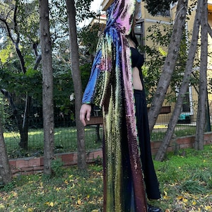 Uniseks holografische kleurrijke pailletten kimono rave festivaljas iriserende glitter disco outfit, pailletten stofdoek feestkostuum EDM tijdperken Tour