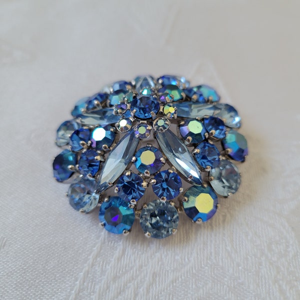 Sherman Mid Century Vintage Dome Shaped Brooch, Signed, Claw Set, Multi-Toned Blue Swarovski Crystals