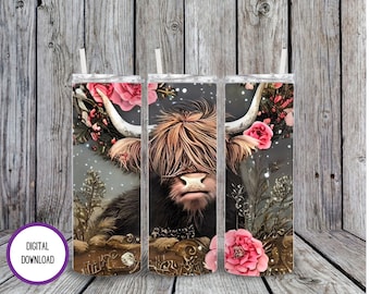 Highland Cow Tumbler Wrap Sublimation Design, Floral 20oz Skinny Tumbler (PNG Digital Download)