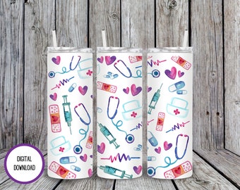 Nurse Tumbler Sublimation Design: 20oz Skinny Tumbler Wrap (PNG Digital Download)