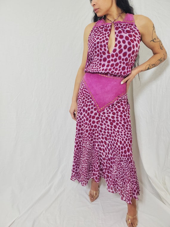 Y2K Emmanuel Ungaro Paris/Pink/Violet/Silk Chiffon/Suede/Plunging Neck/Whipstitch/Leather/Dress/Xs/S