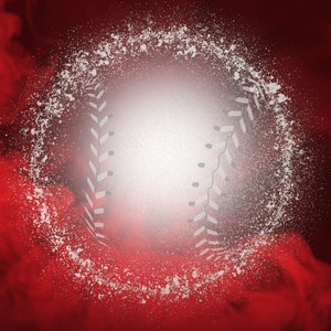 May include: A white baseball with red stitching is surrounded by a white cloud of dust against a red background.