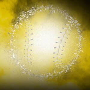 May include: A white softball with grey stitching is surrounded by a yellow cloud of dust.