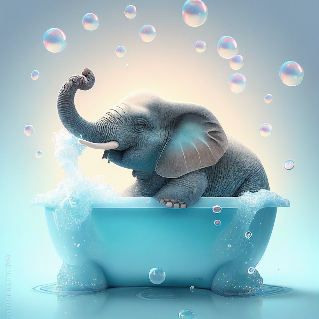 Infant Elephant Taking A Bath, Elephant Printable Wall Art, Nursery