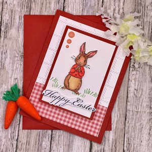 Osterkarte Handgestempelter Hase (Kaki) Grußkarte