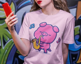 Cute Pig Animal Music Lover Tee - Sax T-Shirt - Gift for Musician