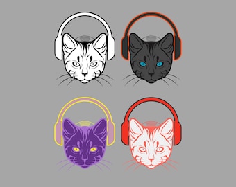 Cute Cat Music Headphones Graphic Digital Download - SVG PNG JPG - for Printing or Graphic Design